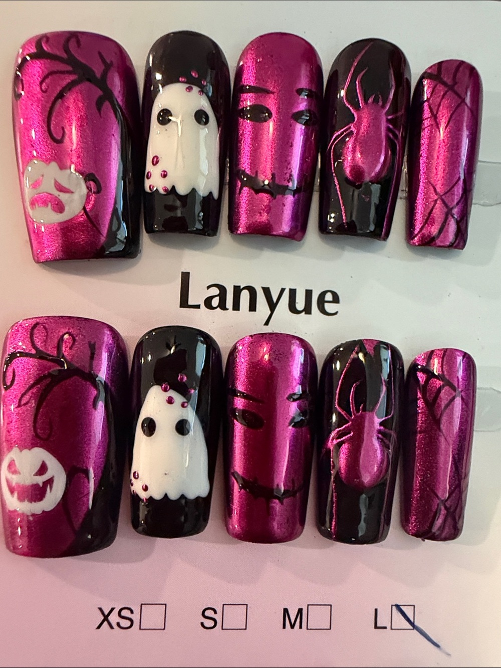Metallic Magenta & Black Halloween press on Nail Art Set